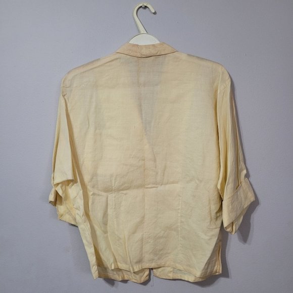 Vintage ramie three quarter sleeve button down blouse, yellow, medium - Picture 3 of 7